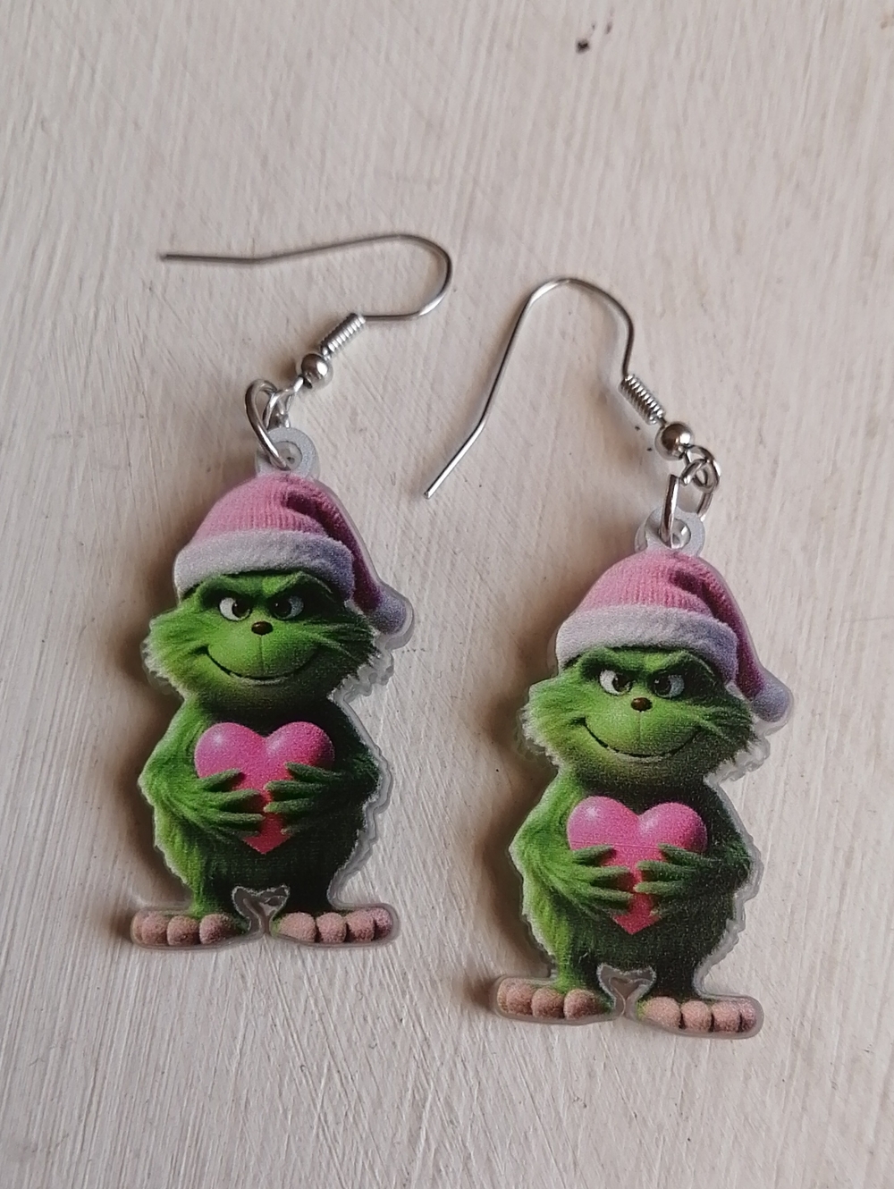 Perfect Gift For Grinch Fans, Grinch With Heart Dangle Earrings